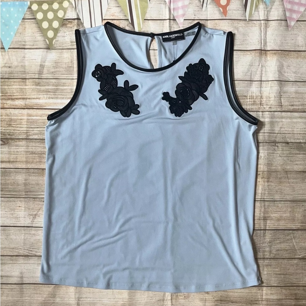 Karl lagerfeld sz L blue black floral appliqué tank top blouse